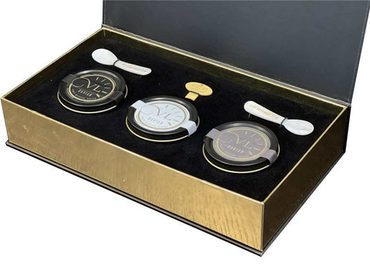 Imballaggio in oro Caviale nero rosso Settile regalo in barattolo di latta con imballaggio in cartone e manica
