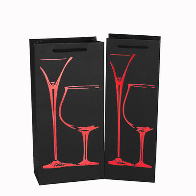 Imballaggio singolo Bottiglia di vino Imballaggio sacchetti di carta nera con logo personalizzato e foglio caldo