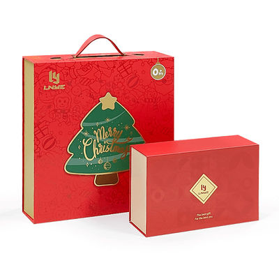 Custom Luxury Red Magnetic Clamshell Christmas Theme Gift Box Biodegradabile Rigid Magnetic Closure Box Confezionamento con manico