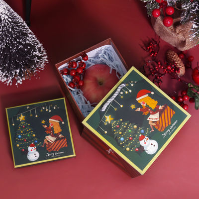 Confezione regalo natalizia personalizzata di lusso ed ecologica in cartone con coperchio superiore rosso, set con nastro natalizio