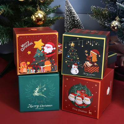 Confezione regalo natalizia personalizzata di lusso ed ecologica in cartone con coperchio superiore rosso, set con nastro natalizio