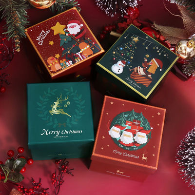 Confezione regalo natalizia personalizzata di lusso ed ecologica in cartone con coperchio superiore rosso, set con nastro natalizio