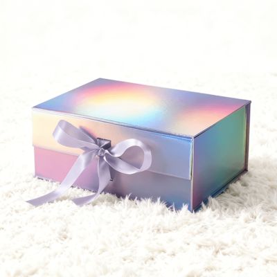 Deluxe Holographic flip top Magnetic Lid Gift Packaging Box Beautiful Available with Ribbon Recycled Materials for Socks