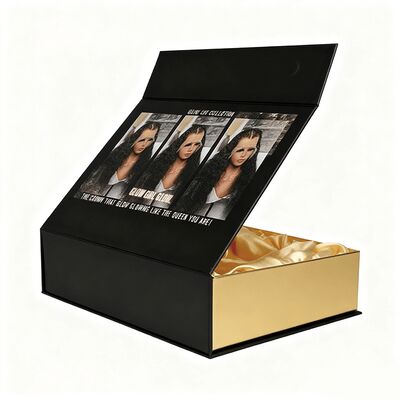 Luxury Flip Top Magnetic Box Chiusura Parrucca Box Con Satin All'interno Logo personalizzato Imballaggio Capelli Regalo Scatole di carta pieghevole Nera