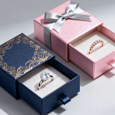 Scatole per anelli personalizzate di lusso vintage con logo, cartoncino avorio con rivestimento in spugna di velluto, stampa a caldo, verniciatura, rivestimento UV, lavorazione