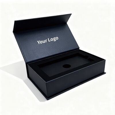 Scatola regalo magnetica nera con logo personalizzato con inserti di carta, confezione rigida premium per orologio, carta di credito, orecchini